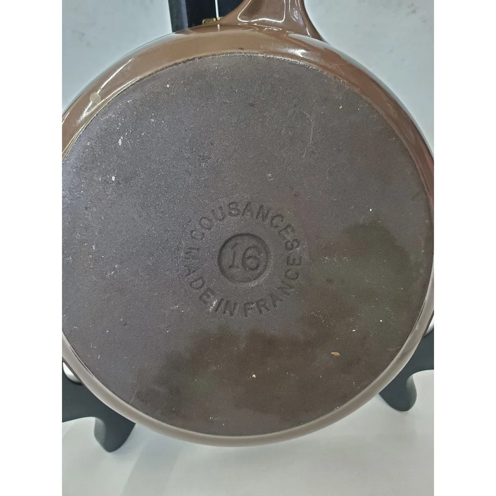 Vintage Cousances No 16 Enameled Cast Iron Skillet Brown Cream Made in France
